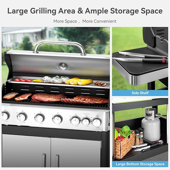 6 Burner Propane Gas BBQ Grill with Side Burner & Porcelain-Enameled Cast Iron Grate, 65,800 BTUs Barbecue Grill 665 Sq. In. Grilling Area, Outdoor Propane Grill for Camping Patio Backyard Cooking