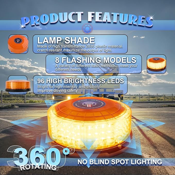 Amber Beacon Light, 96-LED Emergency Magnetic Beacon Light, 7" Magnetic Strobe Lights Rooftop Warning Caution Flashing Lights for 12V-24V Vehicles Trucks Service Tractor Forklifts Snow Plow