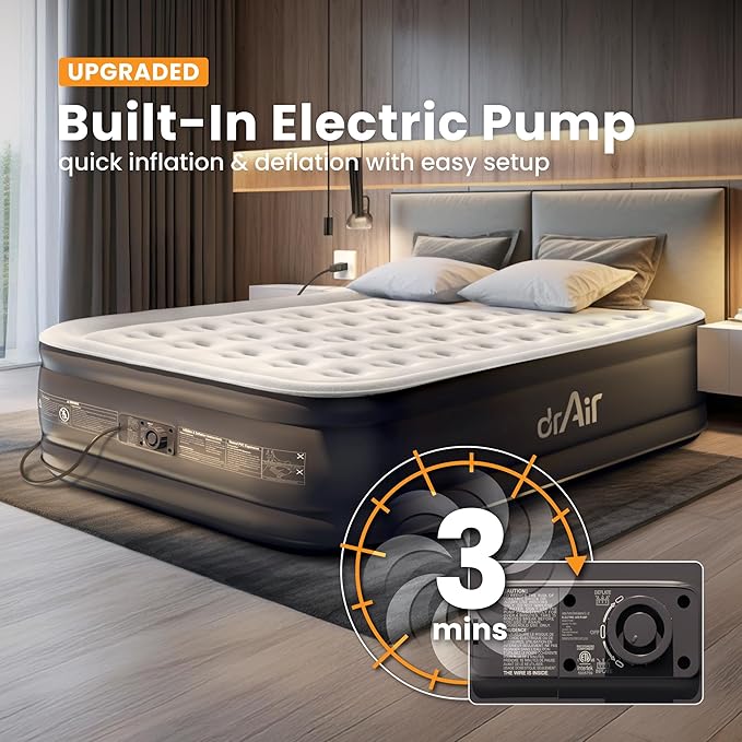 Queen Air Mattress, 18” Raised Inflatable Bed with Built-in Pump, Waterproof Velvety Top, Ergonomic Design, Reinforced Support, and Carry Bag for Home, Camping, and Guests