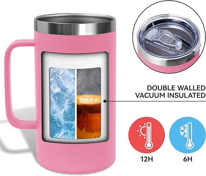 DOMICARE 24oz Mug with Handle and Lid, Stainless Steel Coffee Mug, Reusable Insulated Cup, Travel Mug with Handle, Double Wall Vacuum Coffee Tumbler for Men and Women, Pink, Pack 1