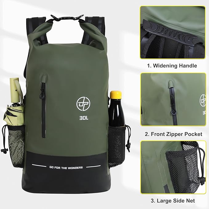 UPWELL Waterproof Dry Bag 30L Boating Backpack for Travel Hiking Camping Bags for Kayaking Hiking Waterproof Bags Swimming Floating Submersible Dry Bag Green