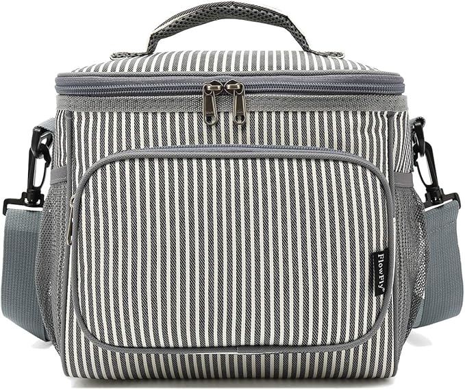 FlowFly Insulated Reusable Lunch Bag Adult Large Lunch Box for Women and Men with Adjustable Shoulder Strap,Front Zipper Pocket and Dual Large Mesh Side Pockets,Stripes