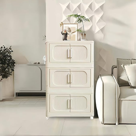 Holaki 117 QT Storage Bins with Lid, 3 Tier Collapsible Closet Organizers, Stackable Plastic Storage Bins Cabinet with Wheels and Magnetic Door, Opaque