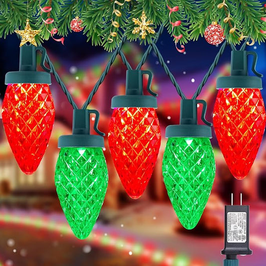 C9 LED Christmas String Lights - 82ft 100 LED Outdoor String Lights with Timer and 8 Lighting Modes, Plug in Extendable Roofline Lights String for Outside Yard Porch Christmas Holiday Decoration