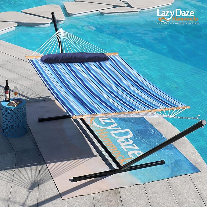 Lazy Daze Hammocks 12 FT Quilted Fabric Double Hammock with Spreader Bars and Detachable Pillow, 450 LBS Weight Capacity, Mixed Blue Stripes