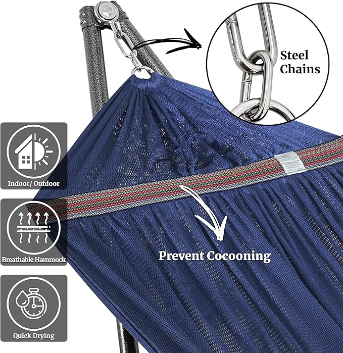 Tranquillo Universal Double Hammock with Stand Included for 2 Persons/Foldable Hammock Stand 600 lbs Capacity Portable Case - Inhouse, Outdoor, Camping, Aegean