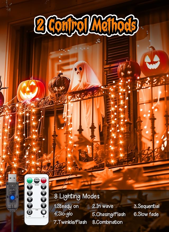 Halloween USB Fairy Lights Plug in, 33Ft 100 LED Twinkle String Lights with Remote and Timer, Waterproof 8 Modes for Bedroom Home Party Ghost Haunted House Indoor Outdoor Decorations, Orange