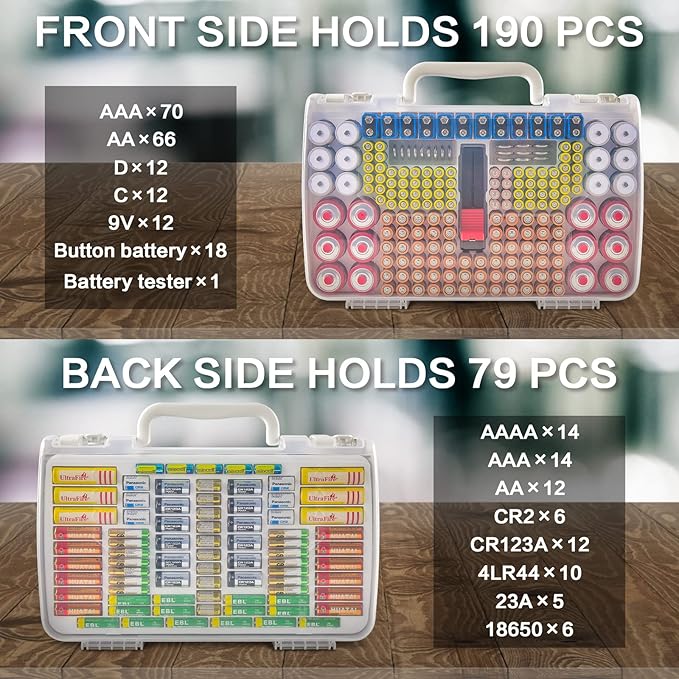 Battery Organizer Storage Case with Double-Sided, Garage Box with Tester Checker Batteries Container for 269pcs AA AAA AAAA 3A 4A 9V C D Lithium 4LR44 CR2 CR123A CR1632 CR2032 18650(Case Only)-White