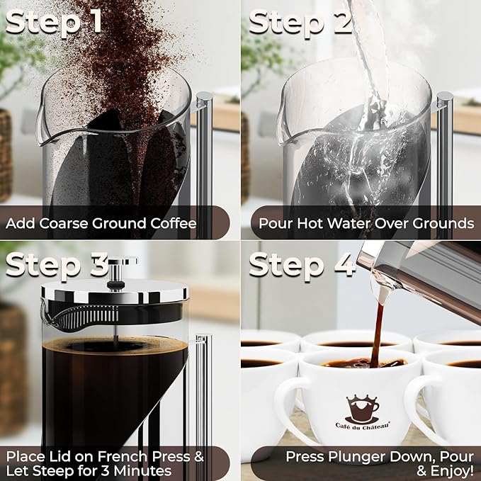 Cafe Du Chateau Stainless Steel French Press Coffee Maker - 34oz Insulated Coffee Press with 4-Level Filtration, BPA Free, Durable Glass, Great for Tea