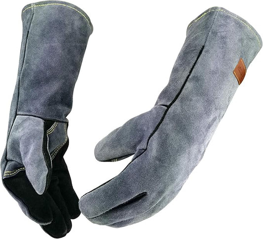 14 Inches,932℉,Leather Welding Gloves small, Heat/Fire Resistant,Small Mitts for BBQ,Oven,Grill,Fireplace,Tig,Mig,Forge,Baking,Furnace,Stove,Pot Holder,Animal Handling Glove.S Black-gray
