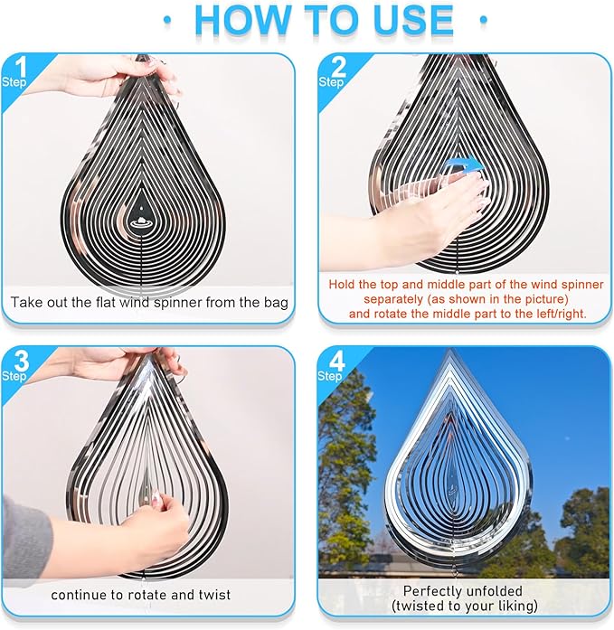 2PCS Wind Spinner 3D Stainless Steel Metal Sculptures Decorations, Water Droplets Wind Sculptures & Spinners, Outdoor Hanging Garden Decoration, Bird Devices Deterrent for Outside to Scare Birds Away