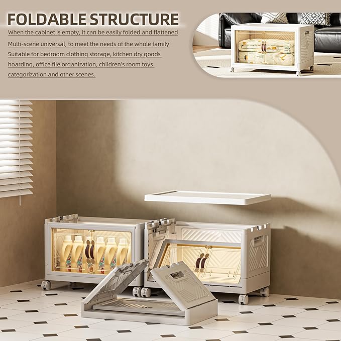 36 QT / 9 Gal Stackable Storage Bins (1 Lid) w/Wheels & Magnetic Doors, Collapsible Plastic Organizer Cabinet for Closet Office Garage - White Storage Containers