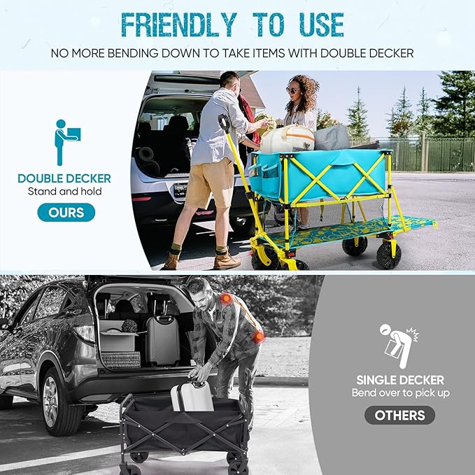 400L Collapsible Double Decker Beach Wagon with Brakes, Folding Beach Cart with 54" Extra Long Decker, 450LBS Heavy Duty Wagon Chart with All-Terrain Big Wheels for Sand Camping Garden