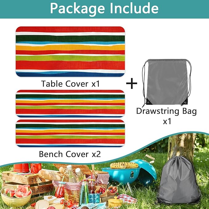 JAWO Picnic Table Covers with Bench Covers Modern Stripe Camping Tablecloth 8FT for 8 Person Fitted Picnic Table Cover with Elastic Windproof Waterproof Fabric, Camping Accessories Patio & Outdoor