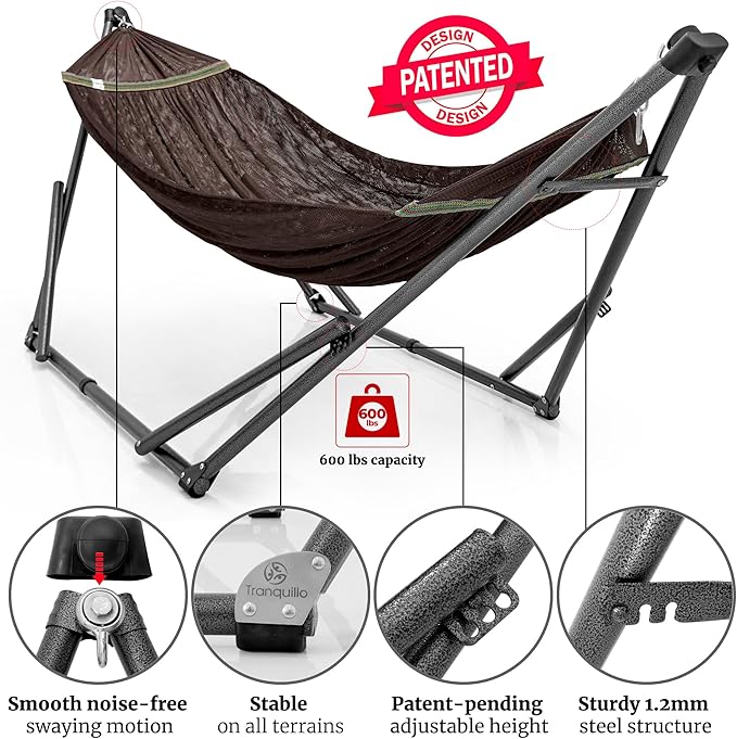 Tranquillo Combo x2 Hammocks with Stand for Outside & Tree Straps, Heavy Duty Hammock with Stand 600lbs for Indoor Outdoor Patio Backyard, x2 Hammocks for 2 Person, Portable Carrying Bags, Brown
