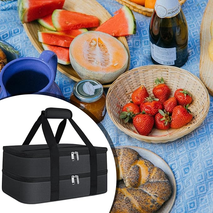 esouler Double Insulated Casserole Carrier Bag Hot & Cold Food Carrier Bag Lasagna Holder Lunch Bag for Picnics, Parties, Travel, Fits 9 x 13 Inches Casserole Dish-Black