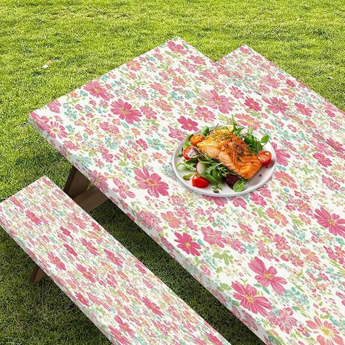 CAPSCEOLL Picnic Table Cover with Bench Covers Waterproof Camping Tablecloth Elastic Table Protector with Drawstring Bag for Camping Essentials, 72X30in, Pink Flowers