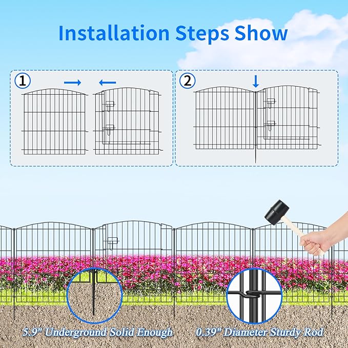 INJOPEXI Garden Fence 12 Panels 23.6ft (L)×24in (H) Decorative Garden Fences with 11 Fence Panels + 1 Gate Rustproof Wire No Dig Garden Fence Animal Barrier Fencing for Outdoor Backyard Patio - Black
