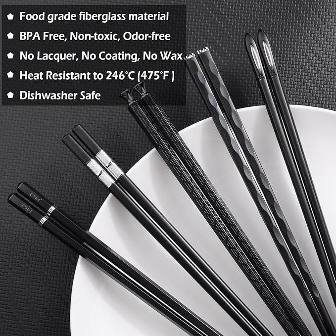 GLAMFIELDS 5 Pairs Premium Chopsticks Reusable Dishwasher Safe 9.5 Inch Fiberglass Chop Sticks Gift Set Non Slip Black + Silver