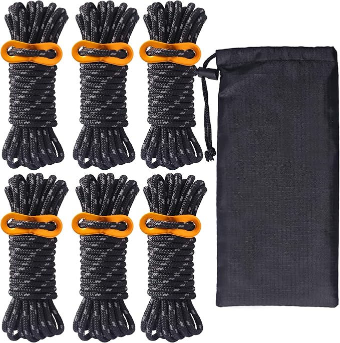 Hikeman 6 Pack 4mm Outdoor Guy Lines Tent Cords Lightweight Camping Rope with Aluminum Guylines Adjuster Tensioner Pouch for Tent Tarp, Canopy Shelter, Camping, Hiking, Backpacking