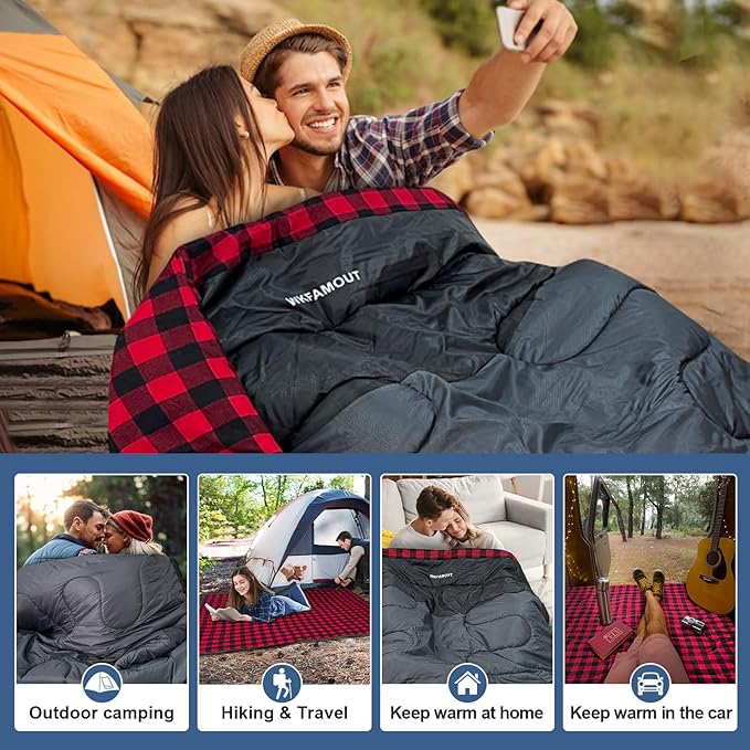 Double Sleeping Bag for Adults Machine Washable 2 Person Camping Sleeping Bag Queen Size Waterproof with Compression Sack for Cold Weather 3-4 Seasons