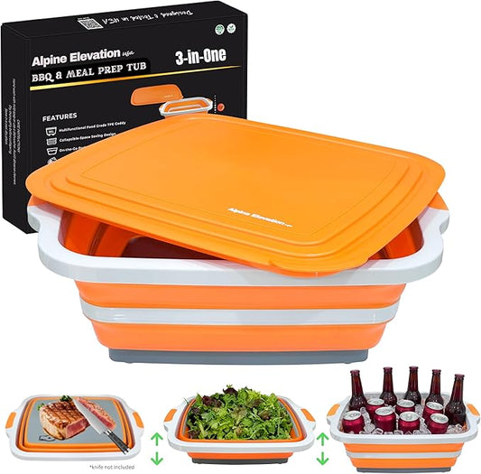 Collapsible X-Large (16L) BBQ Marinating Tub w/Cutting Board | Multipurpose Food-Grade TPE Prep Tub w/Lid | Built-in Colander & Drain Plug - for Camping | Tailgate | Picnic - Bold Orange
