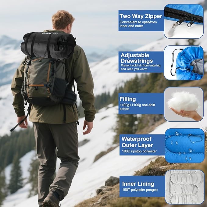 2-in-1 Detachable Sleeping Bag,Waterproof 4-Season Adult Sleeping Bags w/Removable Cotton Liner – Converts to 2 Lightweight Bags for Camping, Hiking, Travel