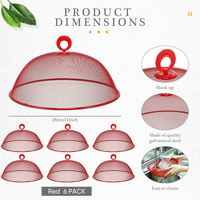 Gerrii 6 Pcs Metal Mesh Food Cover Outdoor Mesh Food Tents Dome Screen Plate Covers for Dinner Plates Reusable Fruit Fly Nets Picnic Food Umbrella for Table, BBQ, Camping, Party (Red,11 Inch)