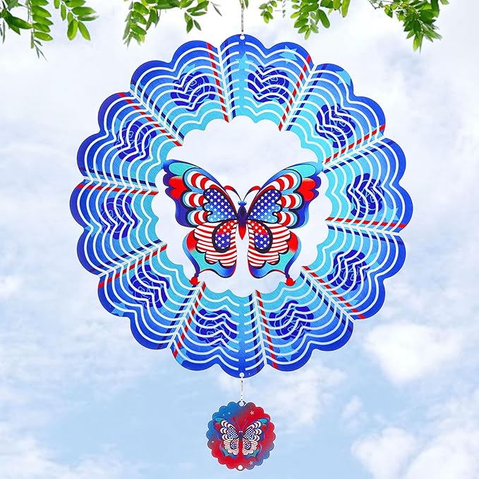 Butterfly Wind Spinners Garden Yard Decor Gift for Women Men, 12 Inch Outdoor Metal 3D Wind Spinner, July 4th American Flag Patriotic Wind Spinner Stainless Steel Hanging Outside Decoration