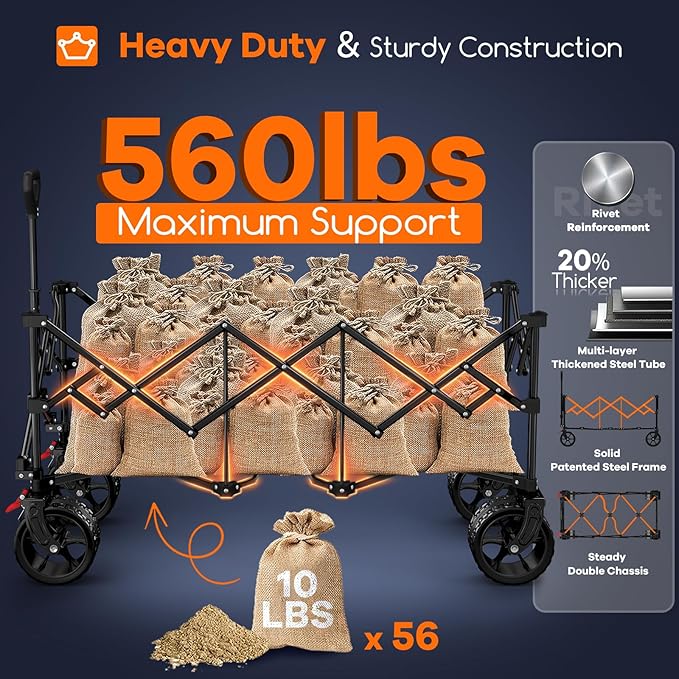 48" L Collapsible Wagon Cart Foldable, 560LB Weight Capacity 300L Heavy Duty Folding Beach Wagons with Big All-Terrain Wheels, Utility Carts for Groceries, Shopping, Camping, Sports - Grey&Black