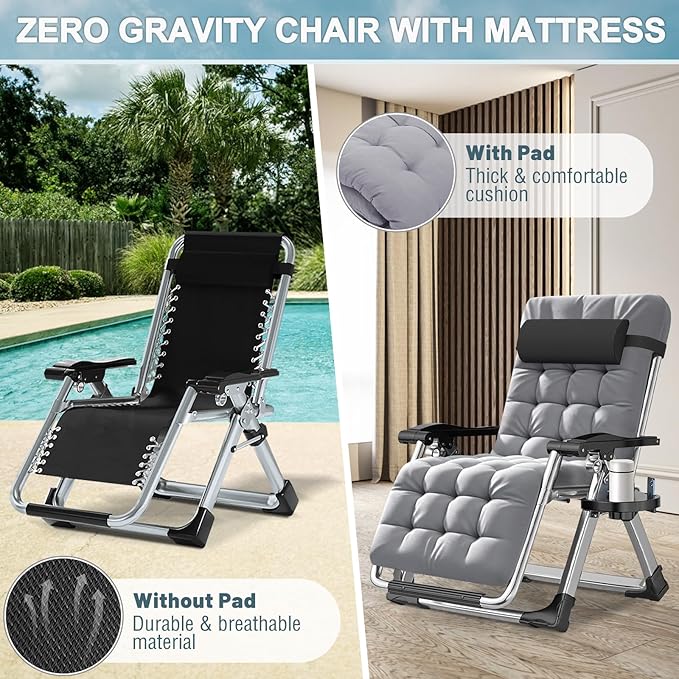 ABORON 2 Pack Zero Gravity Chair, Outdoor Lounge Chairs Sun Loungers with Removable Cushion,Headrest,Cup Holder,Reclining Patio Lounger Chair for Indoor and Outdoor