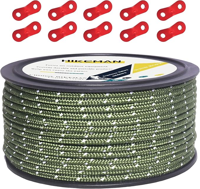 Hikeman 50m Reflective Guyline Solid Braid Nylon Camping Rope with Aluminum Adjuster Cord Tensioner Tent Accessory for Outdoor Travel,Hiking,Backpacking and Water Activities (Army Green, 5mm)