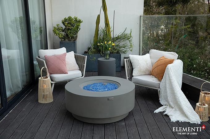 Elementi+ | Colosseo Gas Fire Pit Cast Concrete 40" Dia. Round Fire Table, Outdoor Fire Pit Electronic Ignition | Canvas Cover, Fire Glass and Burner Lid Included | Light Gray | Natural Gas