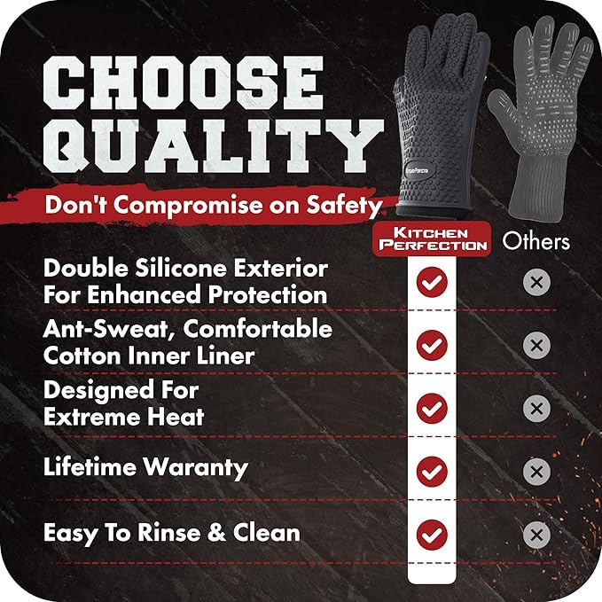 KITCHEN PERFECTION S Silicone Smoker Oven Gloves -Extreme Heat Resistant BBQ Gloves -Handle Hot Food Right on Your Grill Fryer Pit|Waterproof Oven Mitts |Superior Value Set+3 Bonuses