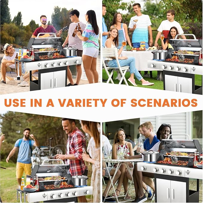 4-Burner BBQ Propane Gas Grill with Side Burner, 46790BTU Stainless Steel Barbecue Grill with Enameled Cast Iron Cooking Grids, For Camping Outdoor Cooking (Style5: 4+1 Burner)