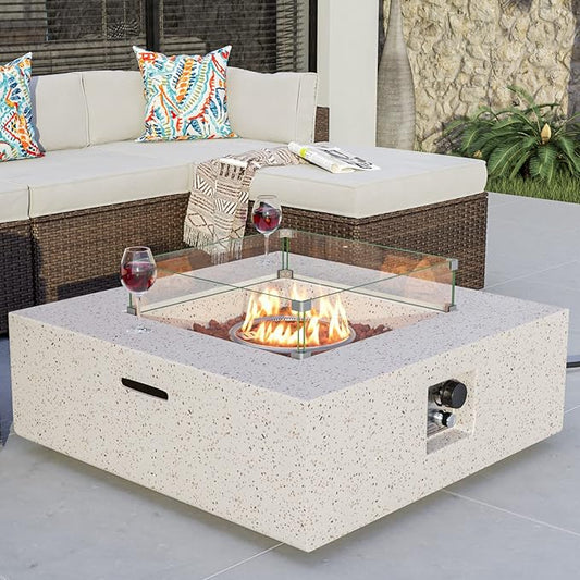 COSIEST Square Outdoor Sandstone Propane Fire Pit w Wind Guard, CSA Certified, 50,000 BTU Stainless Steel Burner, 35-inch, Free Lava Rocks and Rain Cover, Tank Outside, Metal Lid