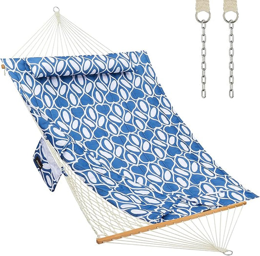 Outdoor Double Hammock with Hardwood Spreader Bars, Large Rope Hammock with Polyester Pad and Pillow, 475 LBS Capacity for 2 Person Patio Backyard Poolside - Blue Printing