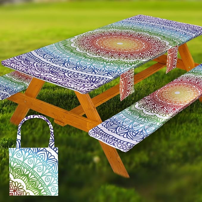 Picnic Table Cover with Bench Covers Vinyl Elastic Edges Fitted Rectangle Seat Tables Waterproof 3-Piece96X30in Set Outdoor Rectangular Folding Backing Tablecloth for Camping Over SizeTie-Dye 104