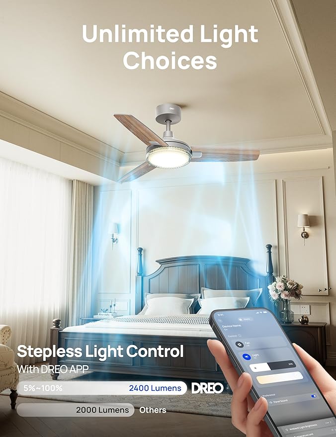 Dreo Smart Ceiling Fans with Lights, 42 Inch Grey Ceiling Fan, 12 Speeds & 3 Fan Modes, Stepless Color Tones, Dimmable LED Light, 1-12H Timer, Quiet DC Motor, Remote/APP/Alexa/Wall Switch Control