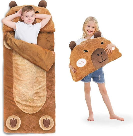 iPlay, iLearn Kid Sleeping Bag, Plush Capybara Slumber Bag, Toddler Girl Boy Nap Mat, 2 In 1 Brown Animal Pillow, Happy Travel Sleepover Daycare Preschool Birthday Gift for Age 3 4 5 6 7 8 10 12 Child