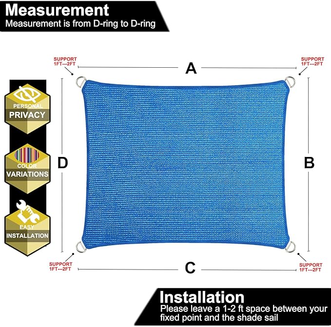 7' x 14' Blue Outdoor Sun Shade Sail Canopy ??UV Resistant Permeable Awning Fabric for Patio, Garden, Backyard, Pergola, Carport, Lawn Shelter Cover