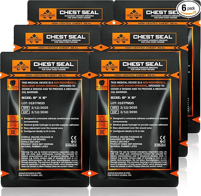 EVERLIT Occlusive Chest Seal Non-Vented Adhesive Dressing for Open Chest Injury and Sucking Chest Wound (6 Count)