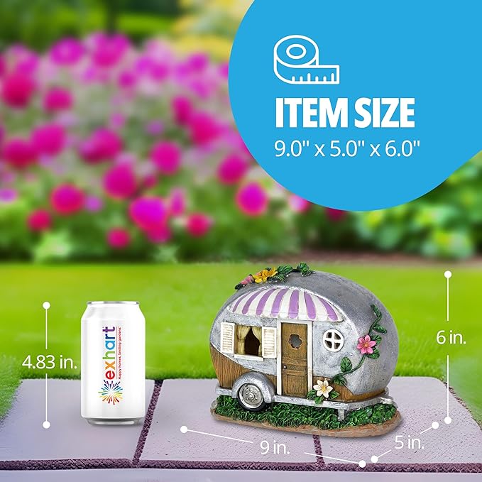 Exhart Garden Sculpture, Solar Camping Trailer with Lavender Awning Garden Statue, LED Lights, Outdoor Garden Decoration, 5 x 9 x 6 Inch