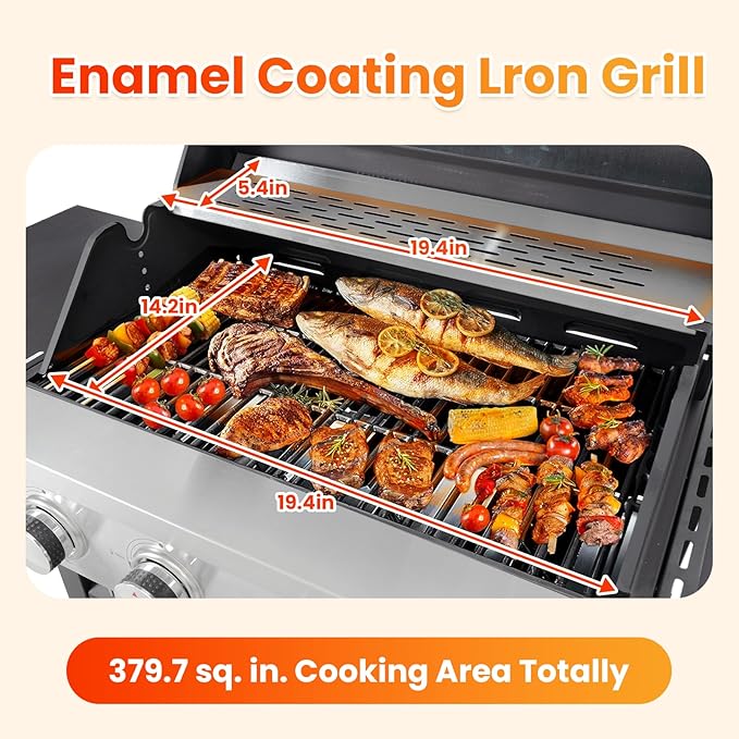 3-Burner Propane Gas BBQ Grill with Side Burner, Porcelain-Enameled Cast Iron Grates and Side Tables, 37,000 BTU Stainless Steel Grill for Outdoor Camping Barbecue Grilling Backyard Cooking