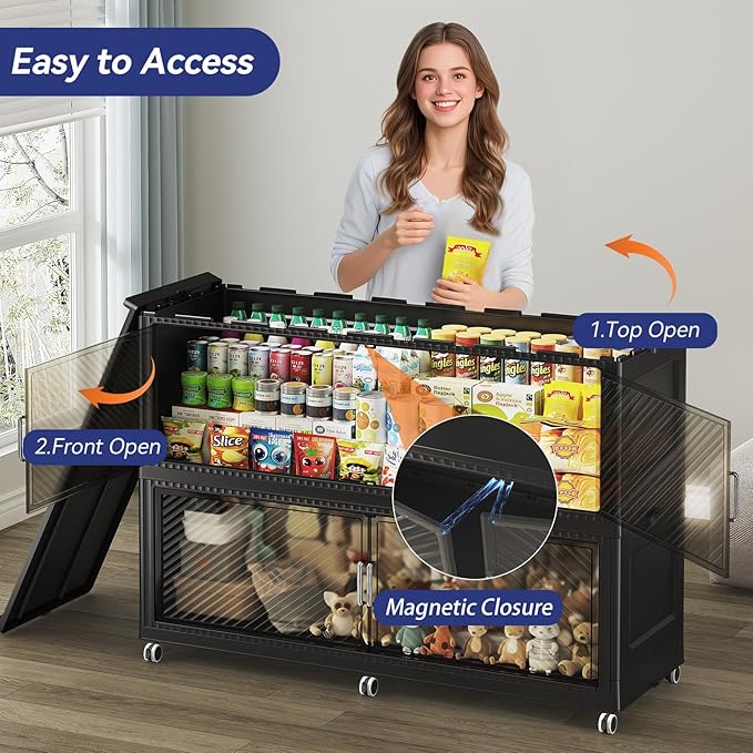 200GAL Extra Large Stackable Storage Bins with Lid, 800QT Plastic Closet Organizer and Storage Cabinet with Wheels and Doors, Folding Storage Box Container for Home Organization, 4Pack Black