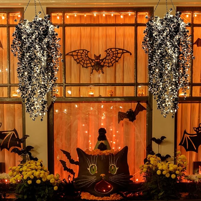 Black Hanging Fake Plants Fake Vines Artificial Plants Faux Hanging Plant with Lights, Artificial Hanging Plants for Indoor Outdoor Wedding Halloween Party Fall Wall Room Door Decor(Black White)