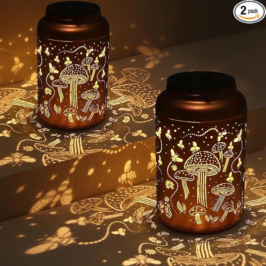 2 Pack Solar Lanterns Outdoor Waterproof, Mushroom Garden Decor Gifts for Women Mom Grandma Hanging Solar Lights Metal Solar Decoration Outside LED Lanterns for Yard, Patio, Lawn