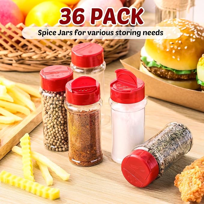Eccliy 36 Pack 3 oz Clear Plastic Spice Jars with Label and Shaker Lids Empty Spice Bottles Seasoning Containers Seasoning Jars Shaker Condiment Pots for Pepper Herbs Powders(Red)