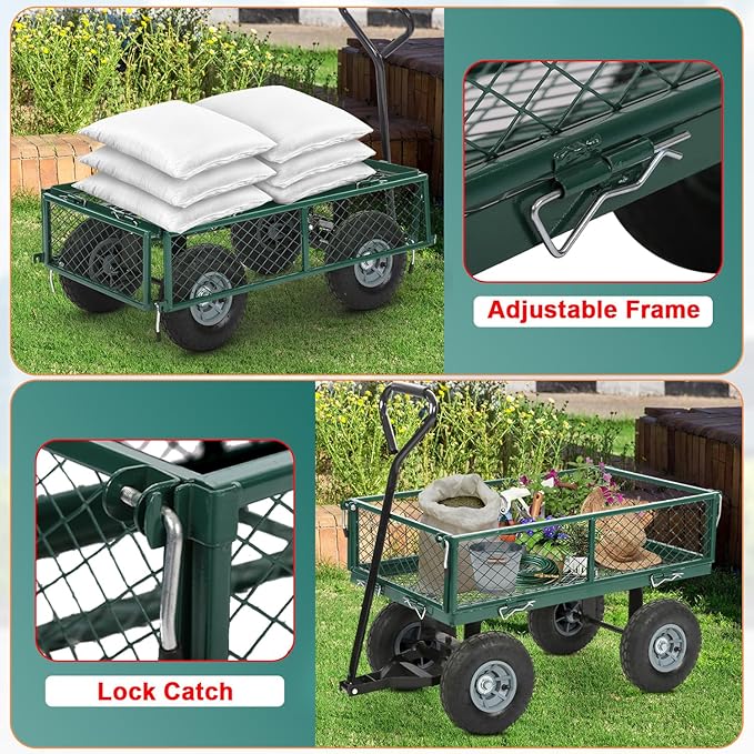BestMassage Heavy Duty 500 Lbs Capacity Mesh Steel Garden Cart Folding Utility Wagon with Removable Sides for Beach Lawn Yard Landscape (Green)
