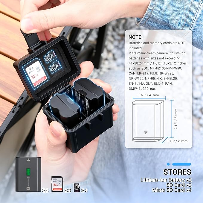JJC Portable Camera Battery Organizer for 2 x Canon LP-E17 LP-E12 Nikon EN-EL25 EN-EL14A Sony NP-FZ100 FW50 Fuji NP-W235 NP-W126 Battery & SD Card